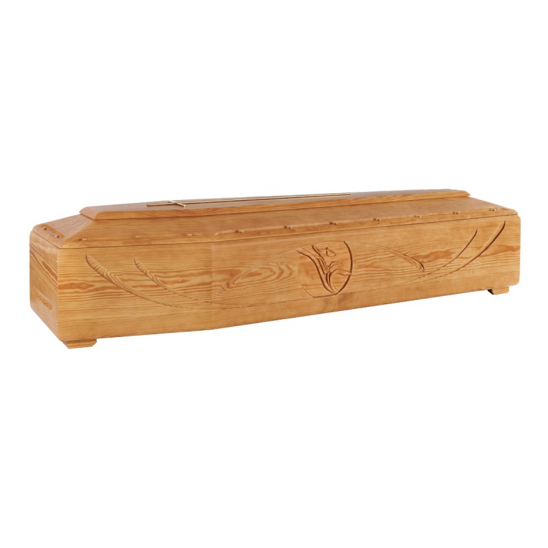 COFFIN CASKET CALLA ENGRAVED YELLOW PINE DISTRIBUTED FOR FUNERAL HOMES 100% MADE IN ITALY