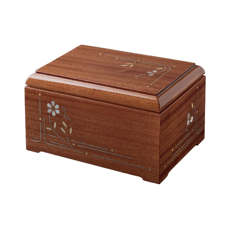 CINERARY URN FLOWER INLAID MAHOGANY DISTRIBUTED FOR FUNERAL HOMES & CREMATION 100% MADE IN ITALY