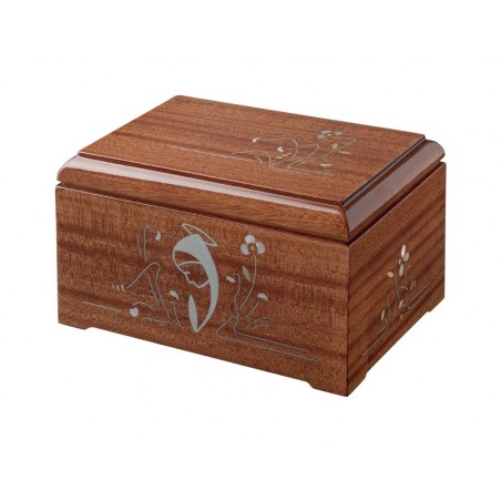 CINERARY URN VIRGIN INLAID MAHOGANY DISTRIBUTED FOR FUNERAL HOMES & CREMATION 100% MADE IN ITALY